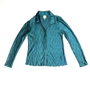 Truself Women’s Large Crinkle Crinkle Pleated Button Down Blouse Y2K Stretch Top